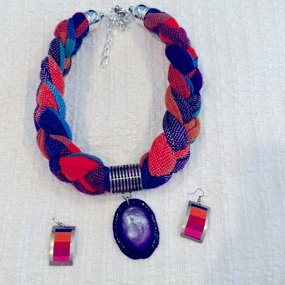 Hand made Lenka Fabric necklace and silver earrings